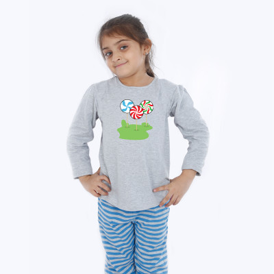 Grey Full Sleeve Girls Pyjama - Candy Sticks